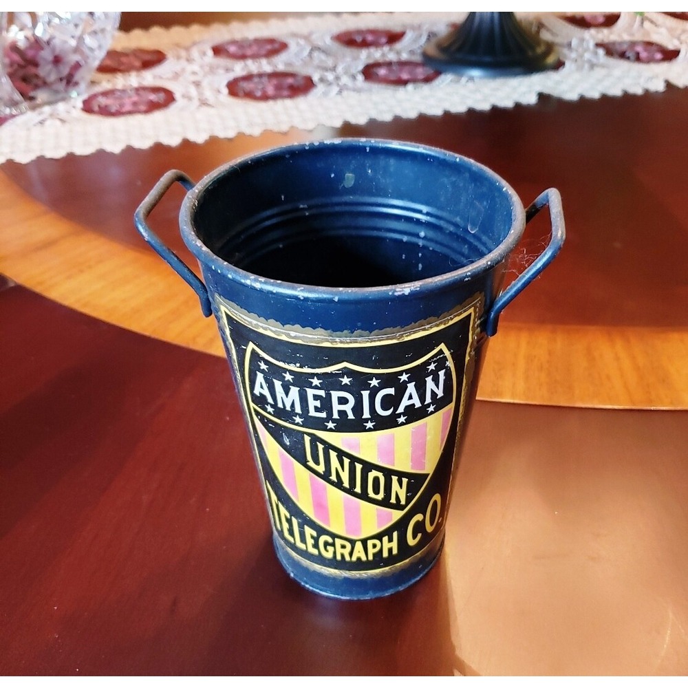 Vintage Metal American Union Telegraph Co. Bucket / Vase Hosley Vintage Repro